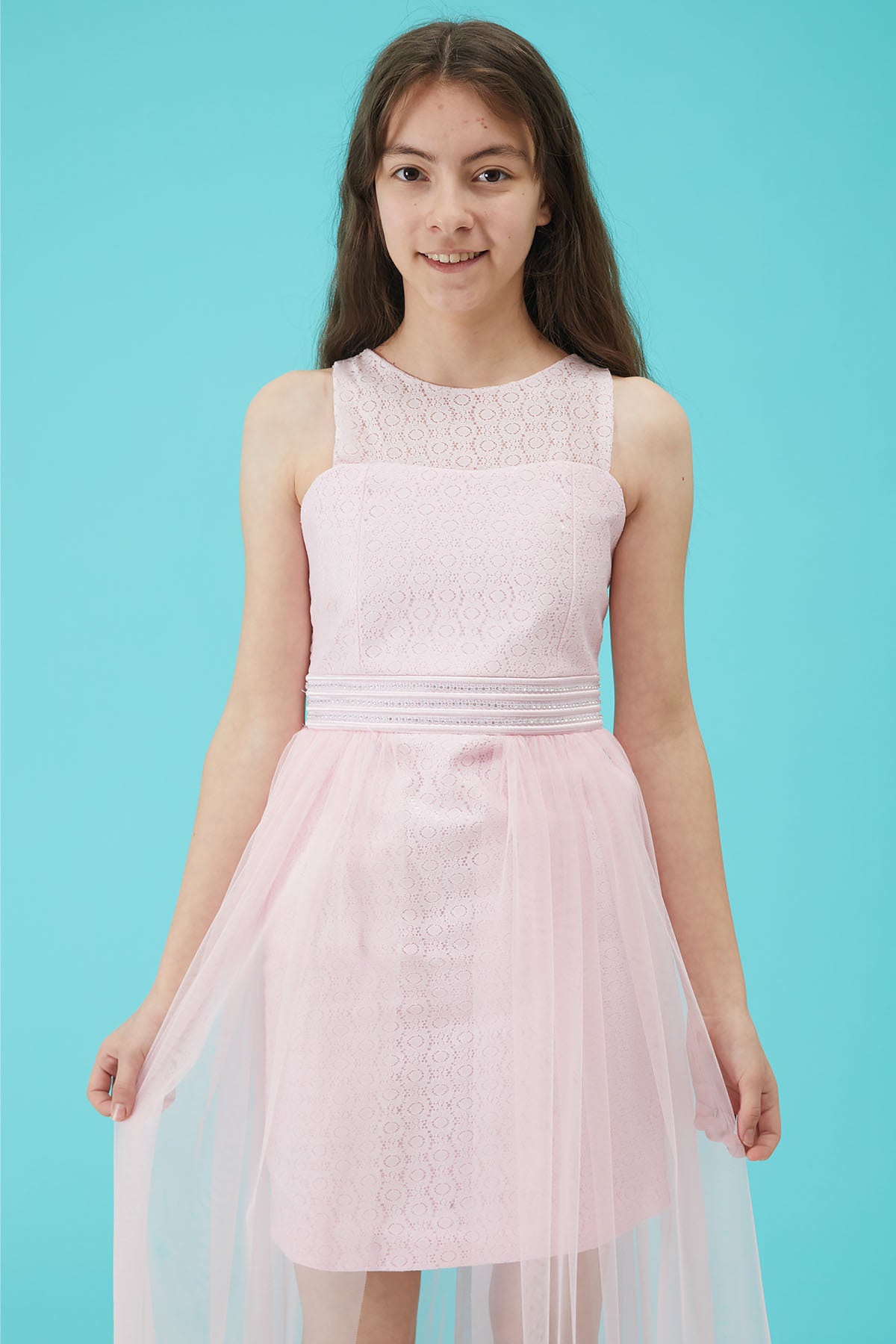 Abendkleid aus Tüll mit Steindetail für Mädchen, Rosa 15161