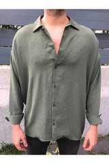 Мужская льняная рубашка цвета хаки свободного кроя Aerobin свободного кроя большого размера