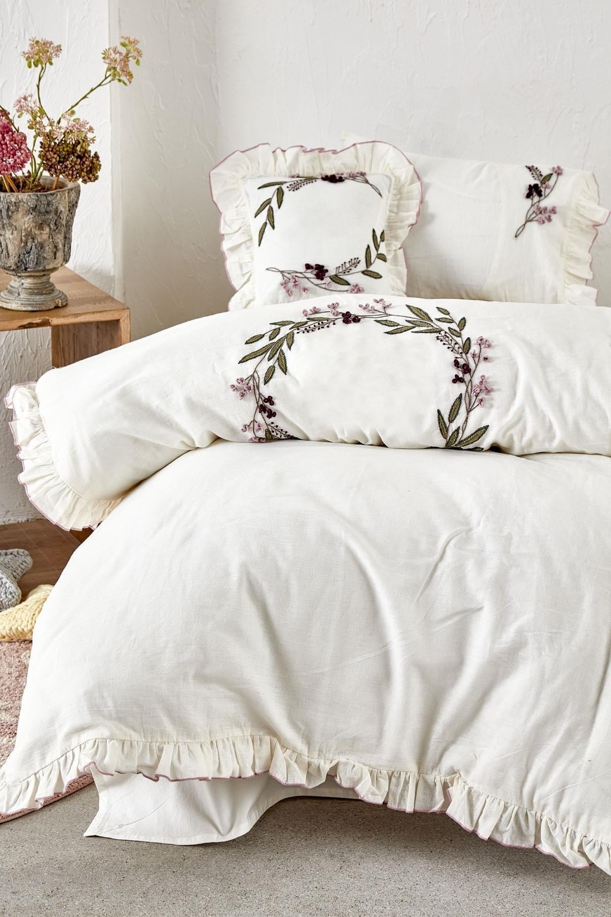 Olivia Baby Girl Duvet Cover Set 100% Linen Hand Embroidered Cream 100X150 Cm