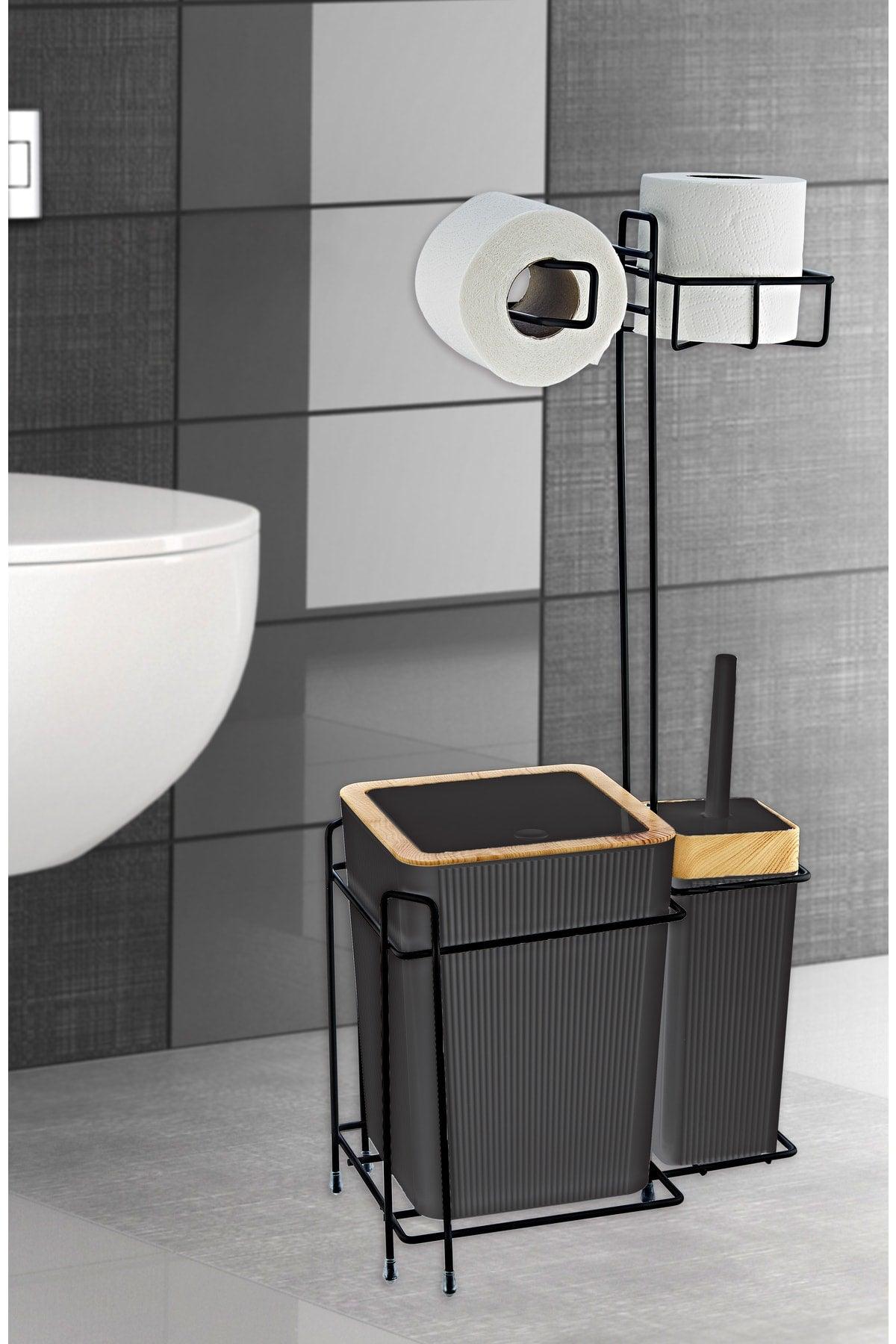 Wooden Coated Luxury Bathroom Set with Metal Stand - Dustbin, Wc Brush and Wc Paper Holder - Swordslife