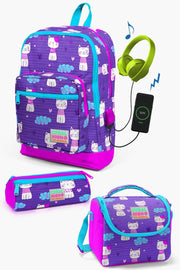 3-teiliges Schulranzen-Set für Kinder mit USB-Anschluss und Katzenmuster, Lila/Rosa, Set0123264