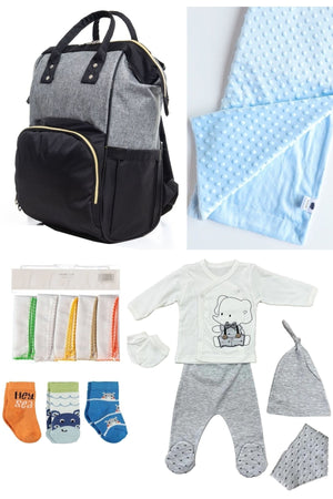 5-teiliges Schwangerschaftsset (Babypflegerucksack, Krankenhausausgang, Kichererbsendecke, 10 Feuchttücher und 3 Socken)