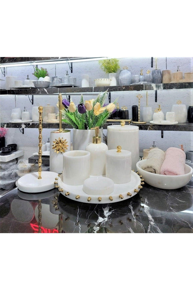 White Golden - Natural White Marble Bathroom Set | 10 Pieces |gold| Marble Vase | Bowl Towel Holder - Swordslife
