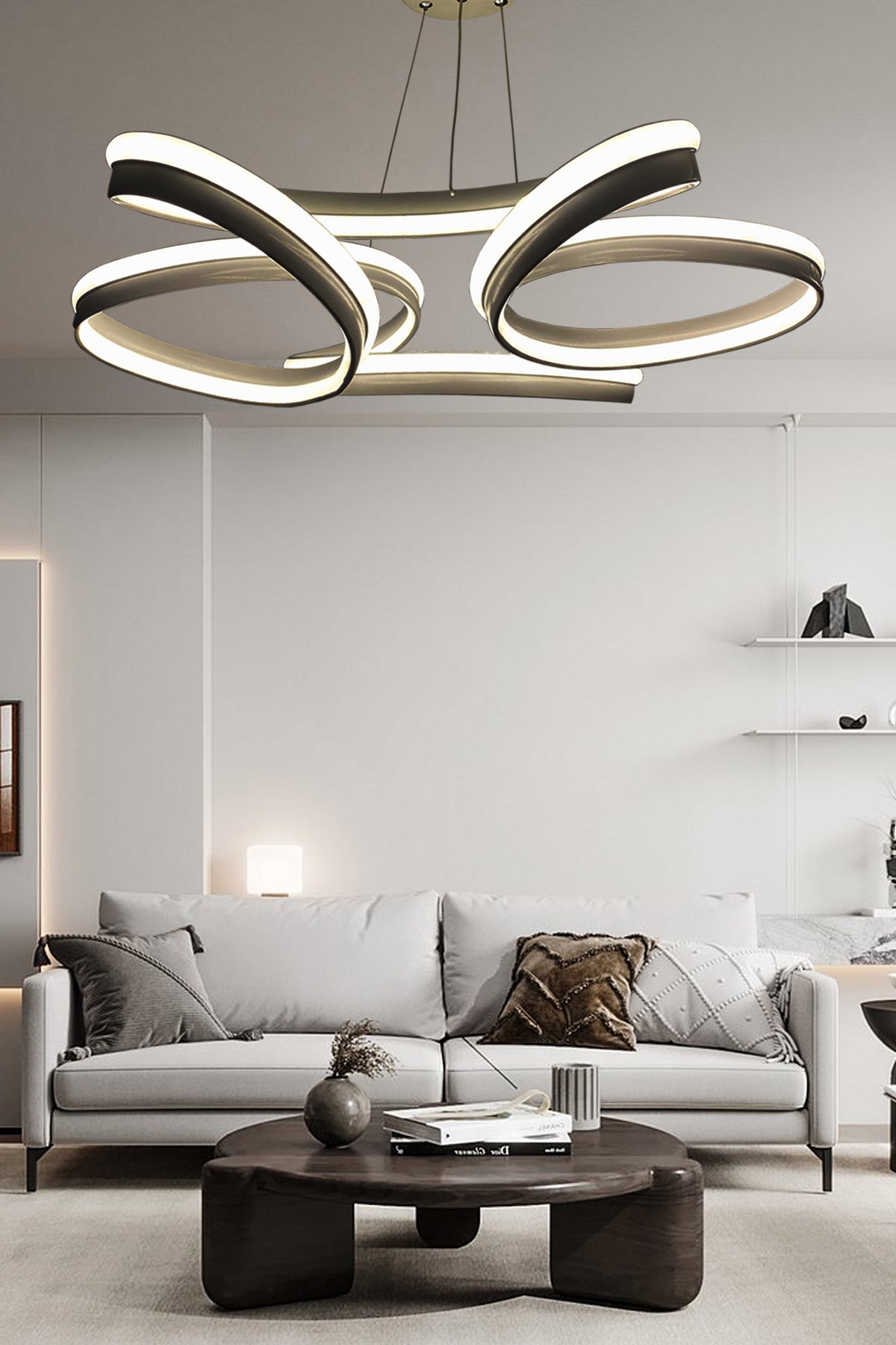 High Illuminance Thick Case Daisy Model Black Led Chandelier, 3 Color Lighting, Living Room Chandelier