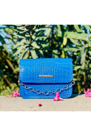 Sax Blue Damen Clutch Baguette mit Kettenriemen und Krokodilmuster