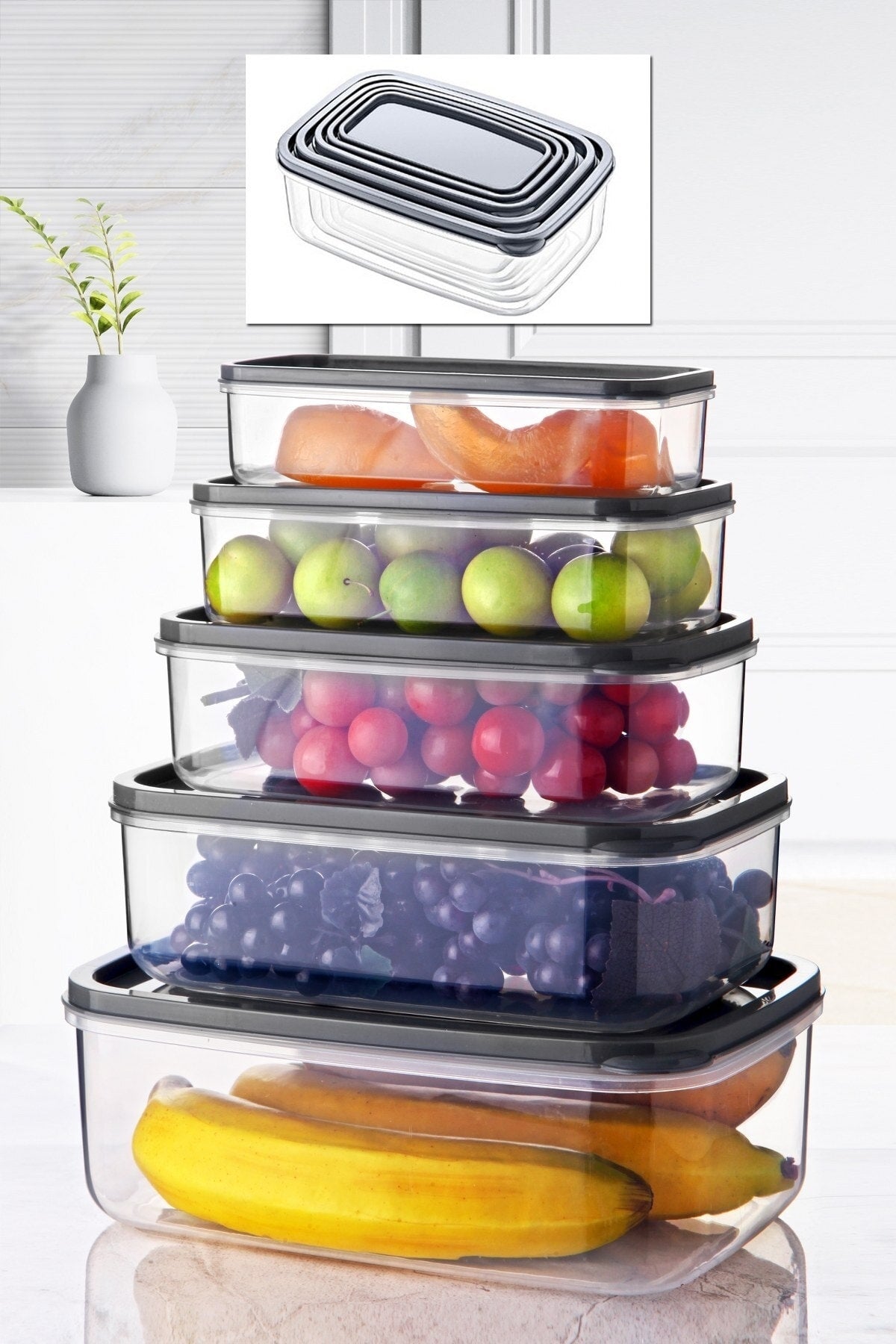 Set of 5 Embox Rectangular Food Storage Container Anthracite