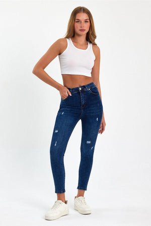 Mary Laser Detail Blue High Waist Slimming Skinny Jean - Swordslife