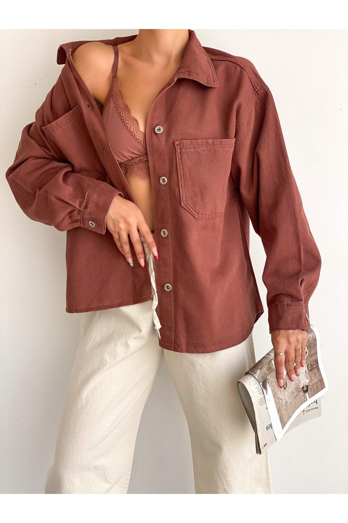 Women's Oversize Long Sleeve Double Pocket Jacket Shirt Brown - Swordslife