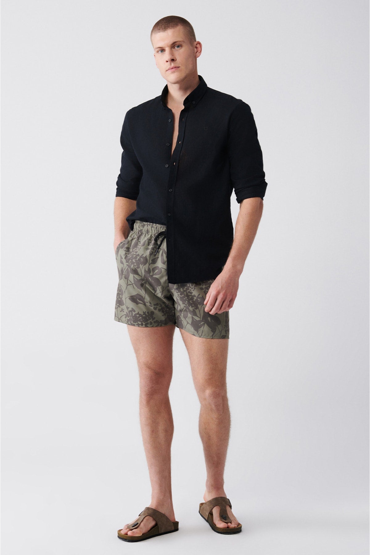 Men'S Khaki Quick Dry Printed Standard Size Swimwear Marine Shorts E003802