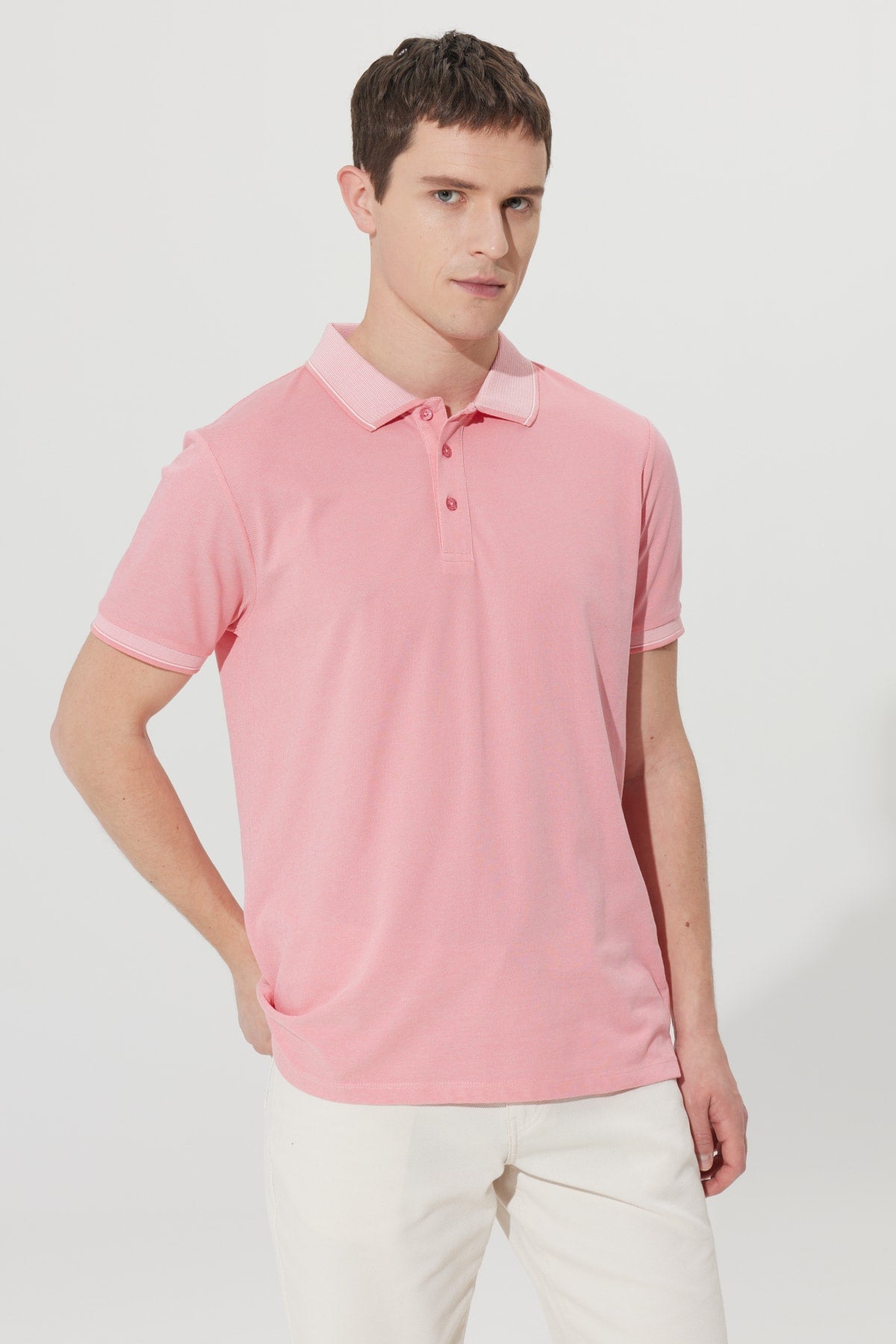  Мужская безусадочная хлопчатобумажная ткань Slim Fit Slim Fit розово-белая футболка с воротником-поло с защитой от перекатывания