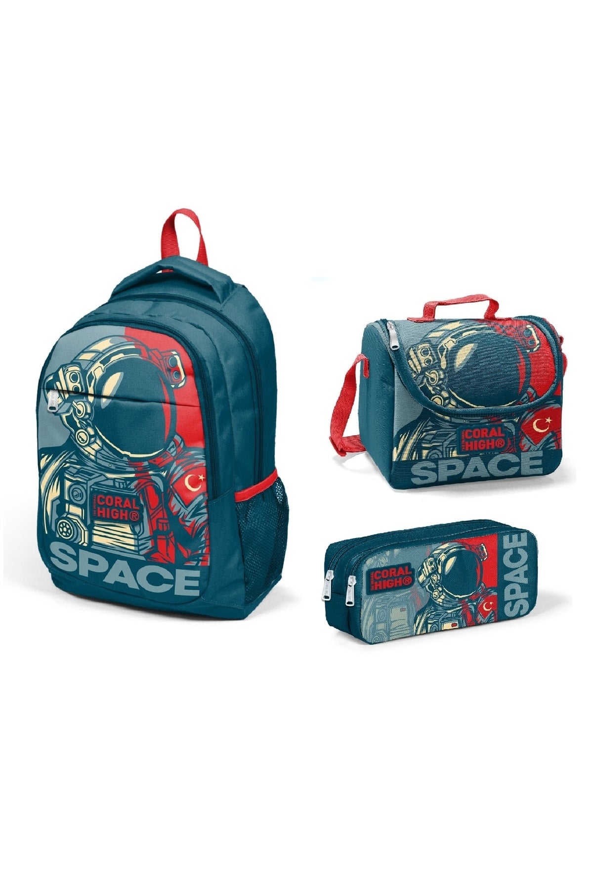 Kids Indigo Red Astronaut Patterned Triple School Backpack Set 14389