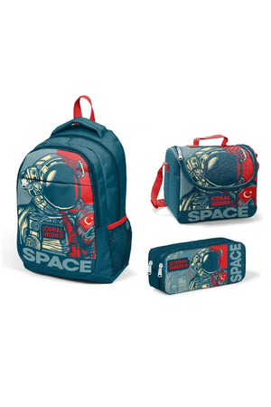 Kids Indigo Red Astronaut Patterned Triple School Backpack Set 14389