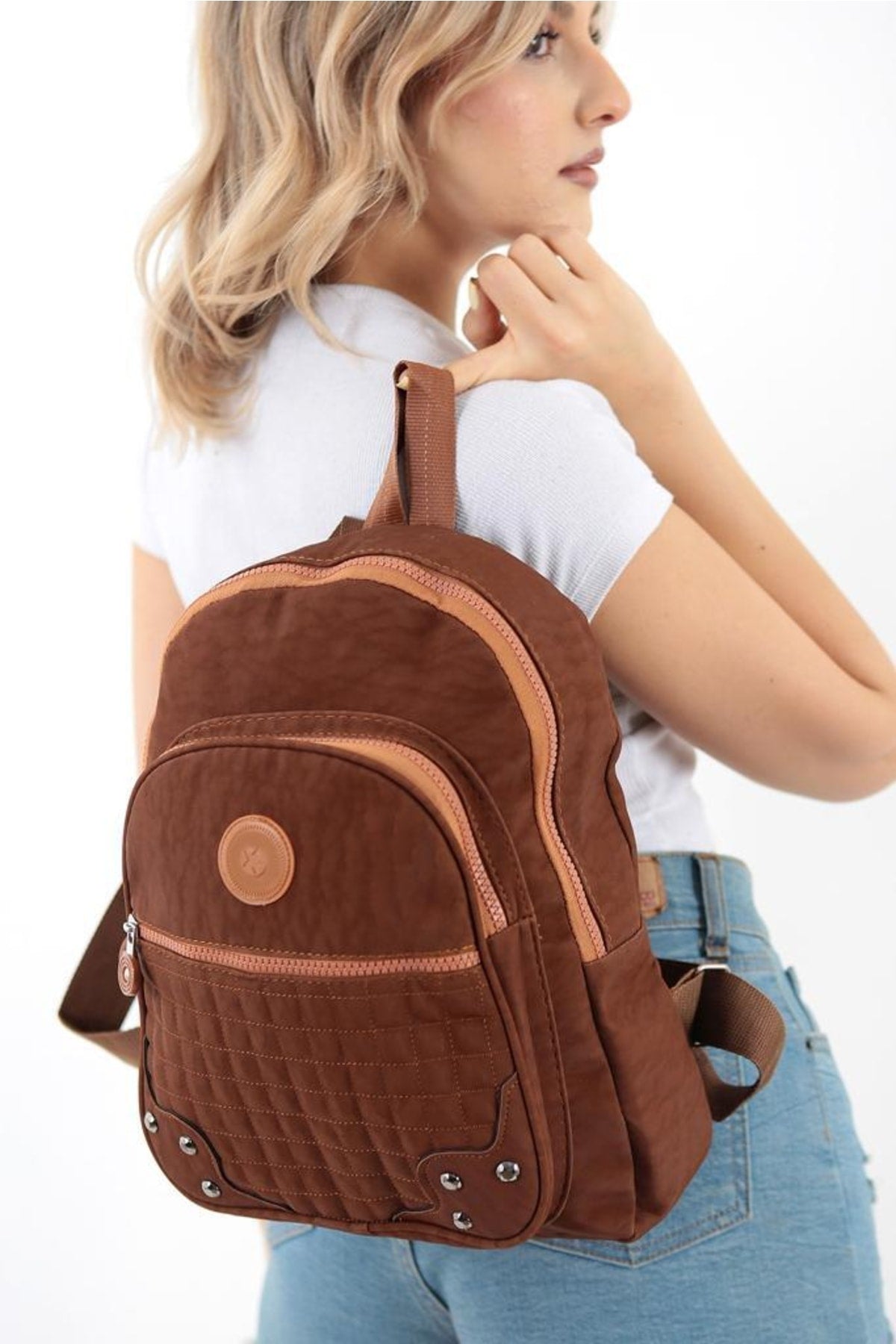 Unisex Tan Crinkle Fabric Waterproof & Dirt Resistant Backpack And School Bag