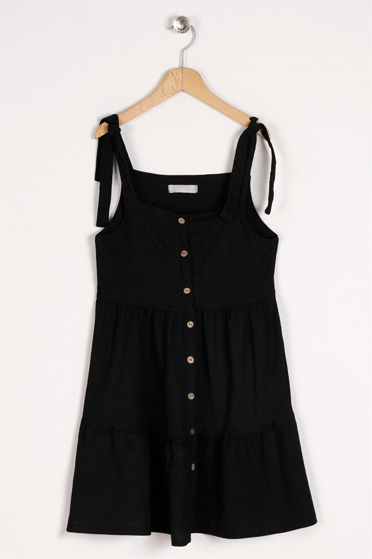 Girl's Black Colored Strap Front Button Detailed Dress