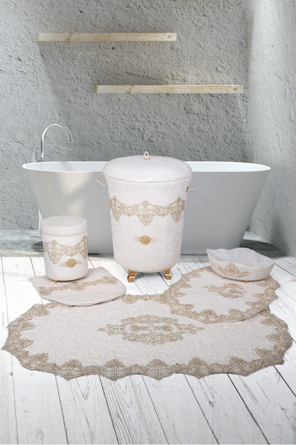 Aplique Lux Cream 6 Piece Velvet Bath Set Dirty Laundry Basket Set + Bath Mat Set - Swordslife