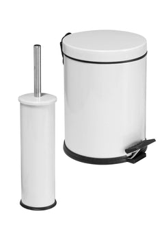 White bathroom trash can set with toilet brush