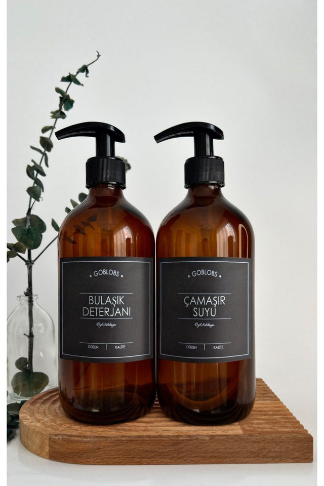 Set of 2 500ml Amber Brown Glass Bottle Dishwashing Liquid & Bleach Black Label - Swordslife