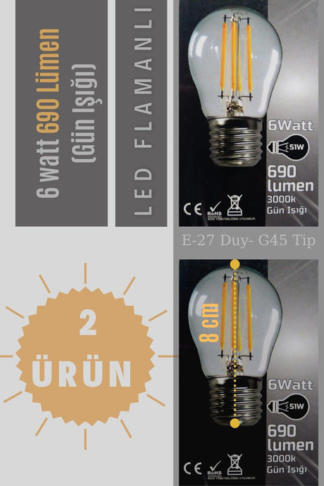 2 Pieces E27 G45 -6 Watt Daylight 690 Lumens -