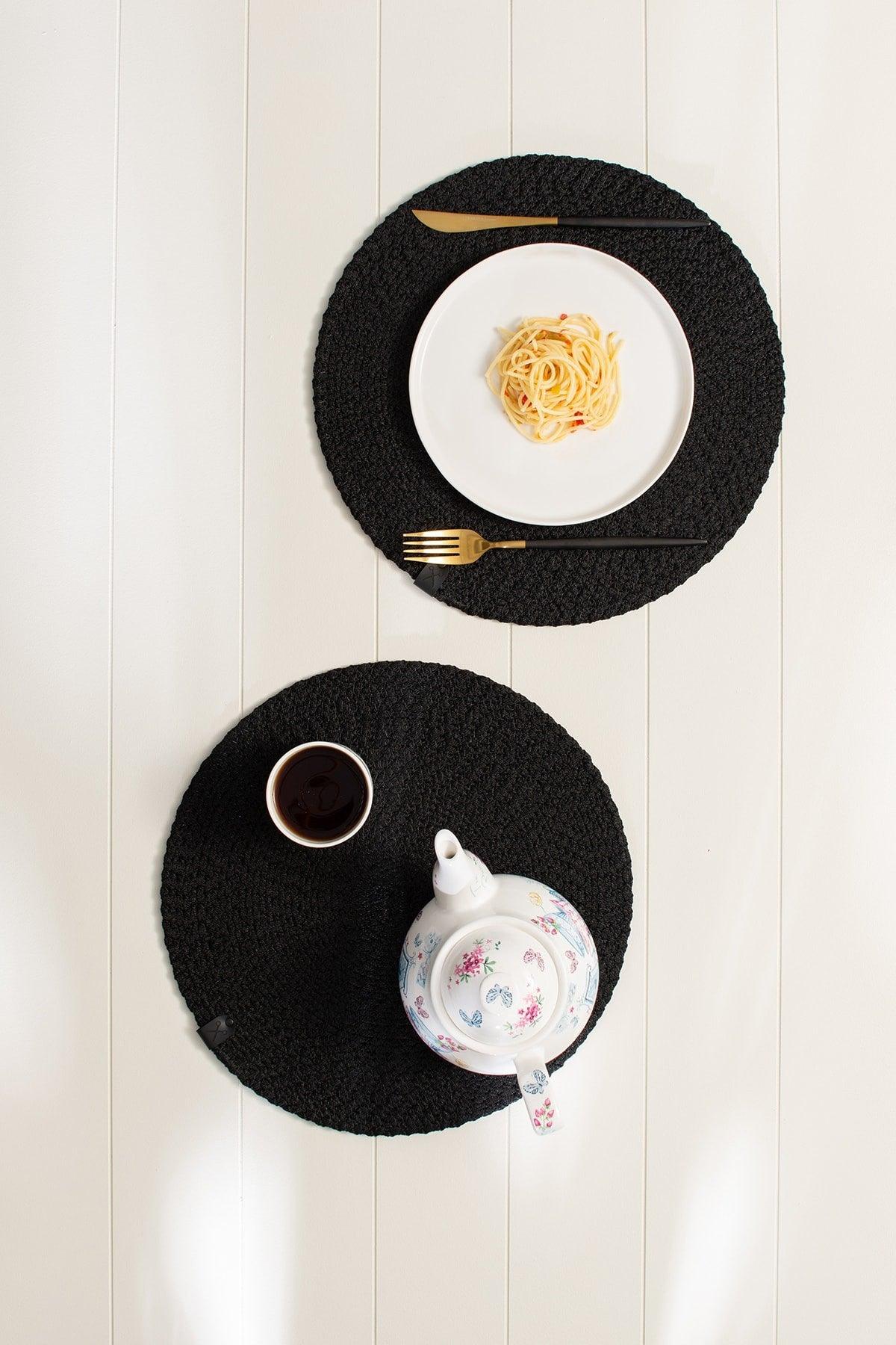2 Pieces Stain Resistant Washable 36cm Black Placemats Straw Bamboo Knit Bottom Christmas Gift - Swordslife
