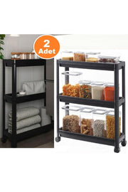 2 Pieces Wheeled Rectangular 3-Tier Shelving Unit Black - Kitchen Bathroom Shelf Very Useful - Swordslife