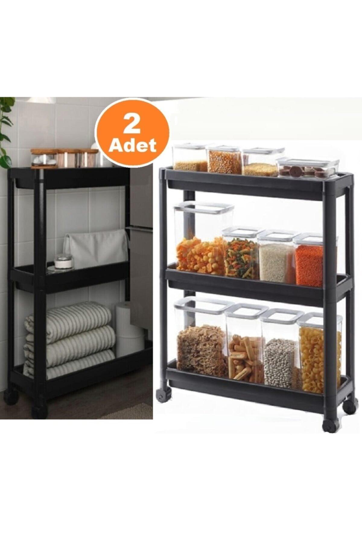 2 Pieces Wheeled Rectangular 3-Tier Shelving Unit Black - Kitchen Bathroom Shelf Very Useful - Swordslife