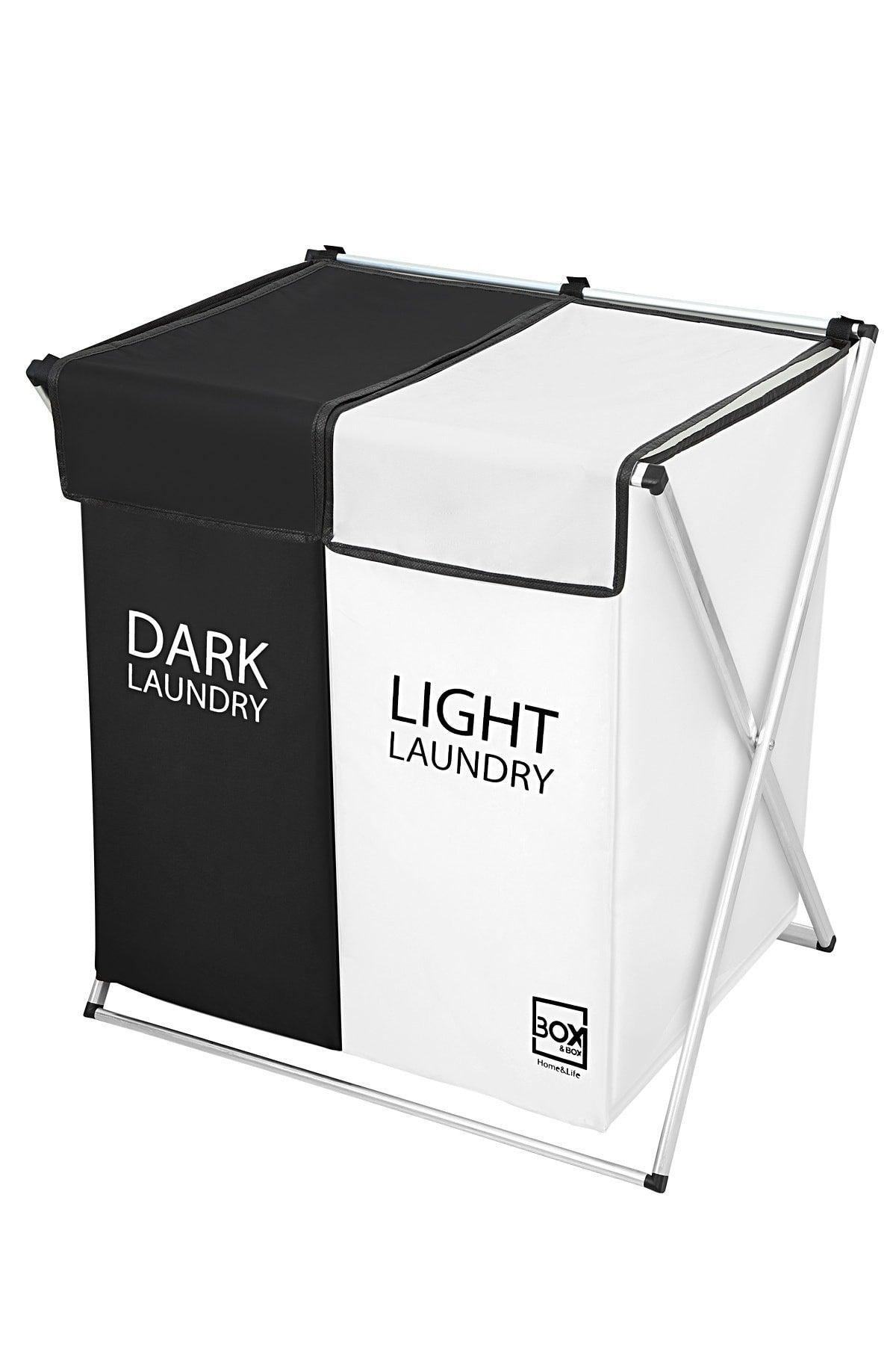 2-Compartment Laundry And Dirty Basket, Black and White, Machine Washable Fabric, 54x42x58 Cm - Swordslife