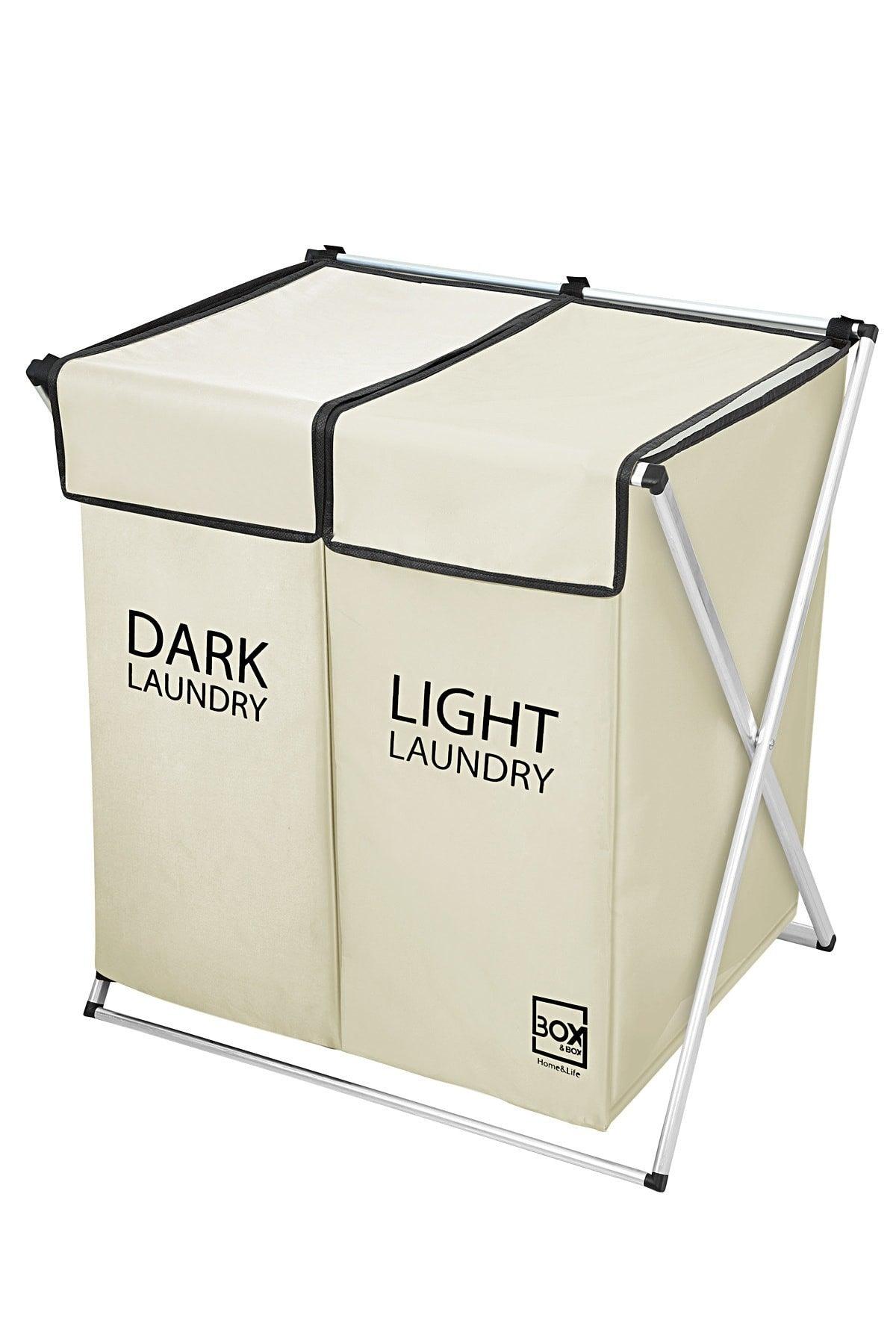 2 Compartment Laundry And Dirty Basket, Cream, Machine Washable Fabric, 54x42x58 Cm - Swordslife