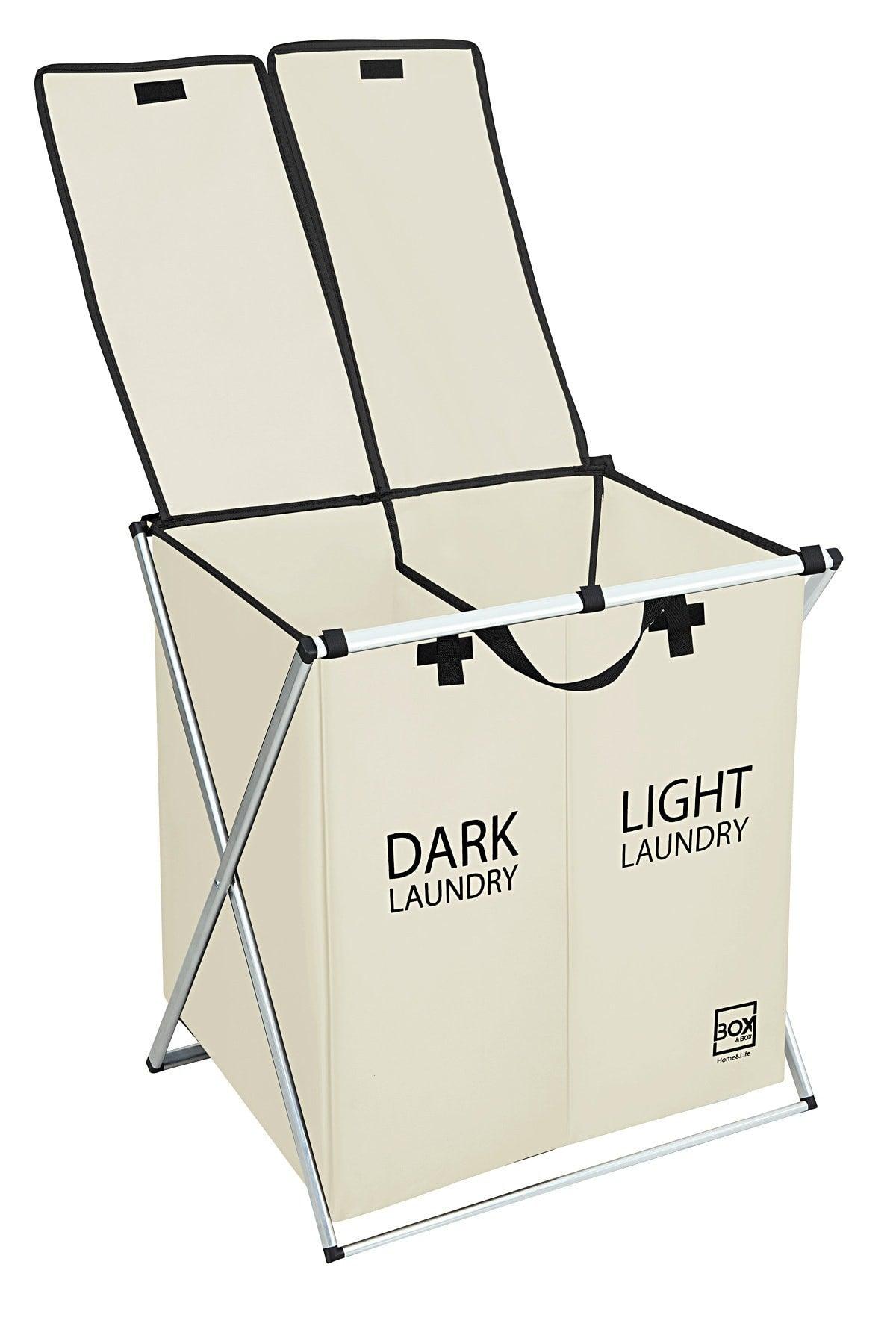 2 Compartment Laundry And Dirty Basket, Cream, Machine Washable Fabric, 54x42x58 Cm - Swordslife
