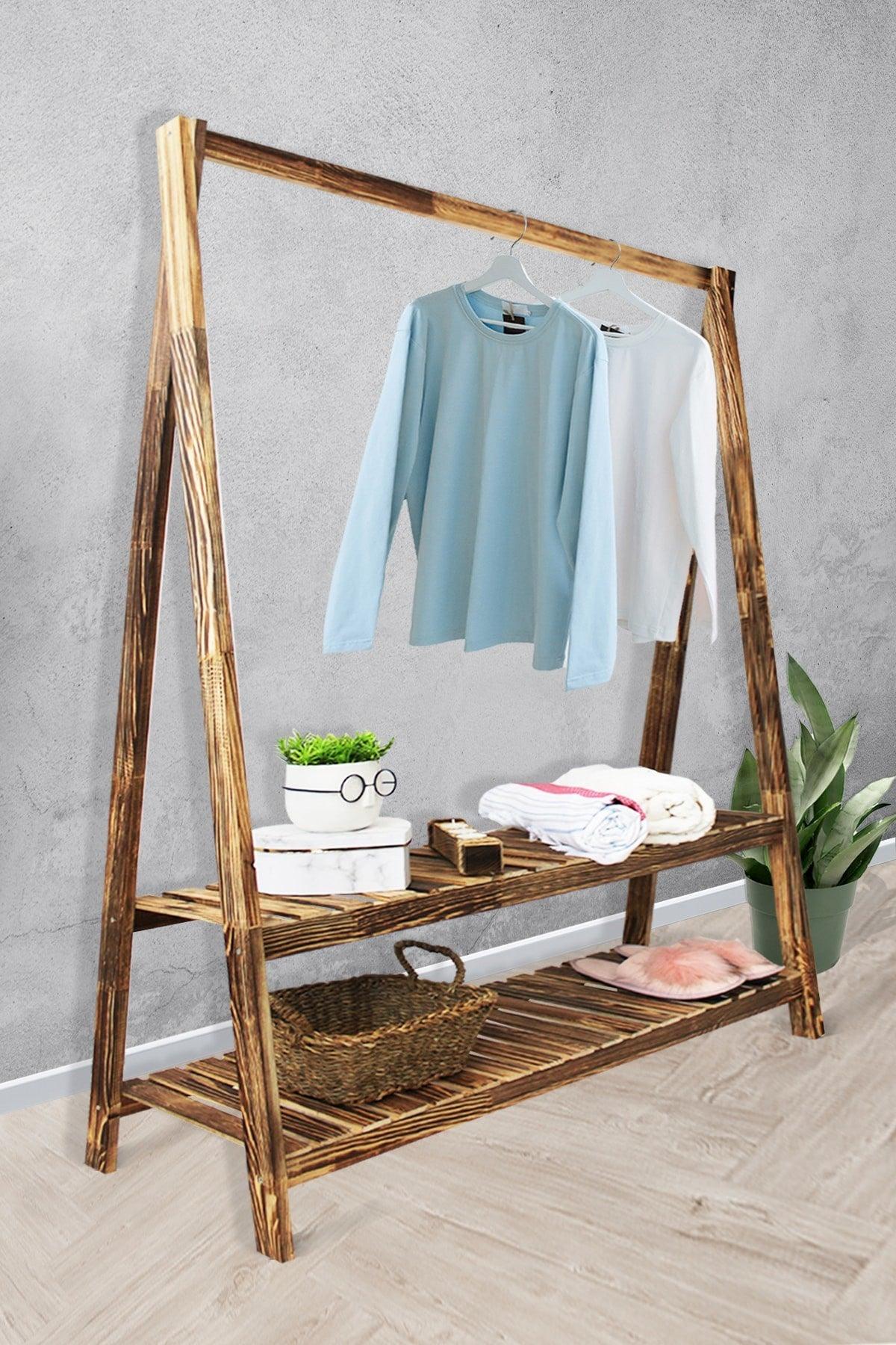 Wooden Garment Clothes Hanger Cloakroom With 2 Shelves 148x106cm - Swordslife