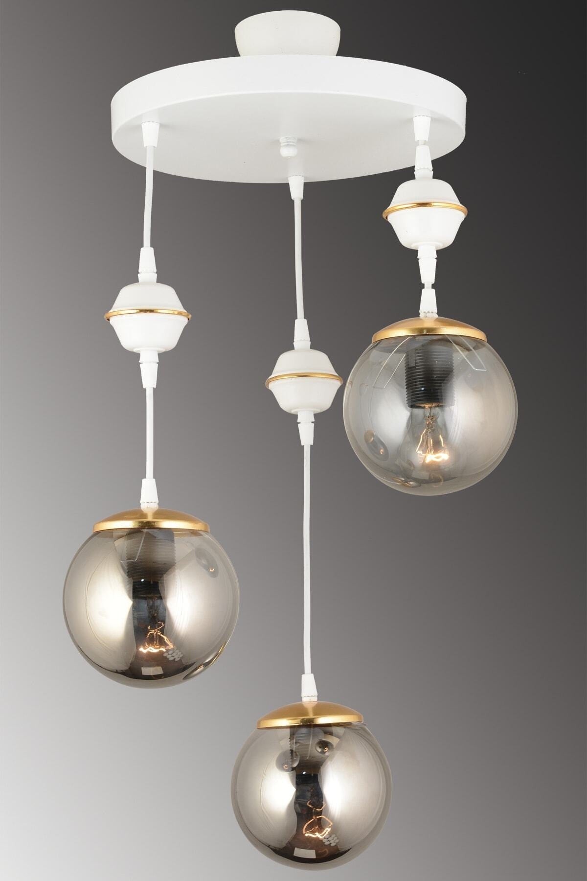 Pendant Lamp Tray White 3-Piece Smoked Globe Glass Downward Facing Luxury Chandelier