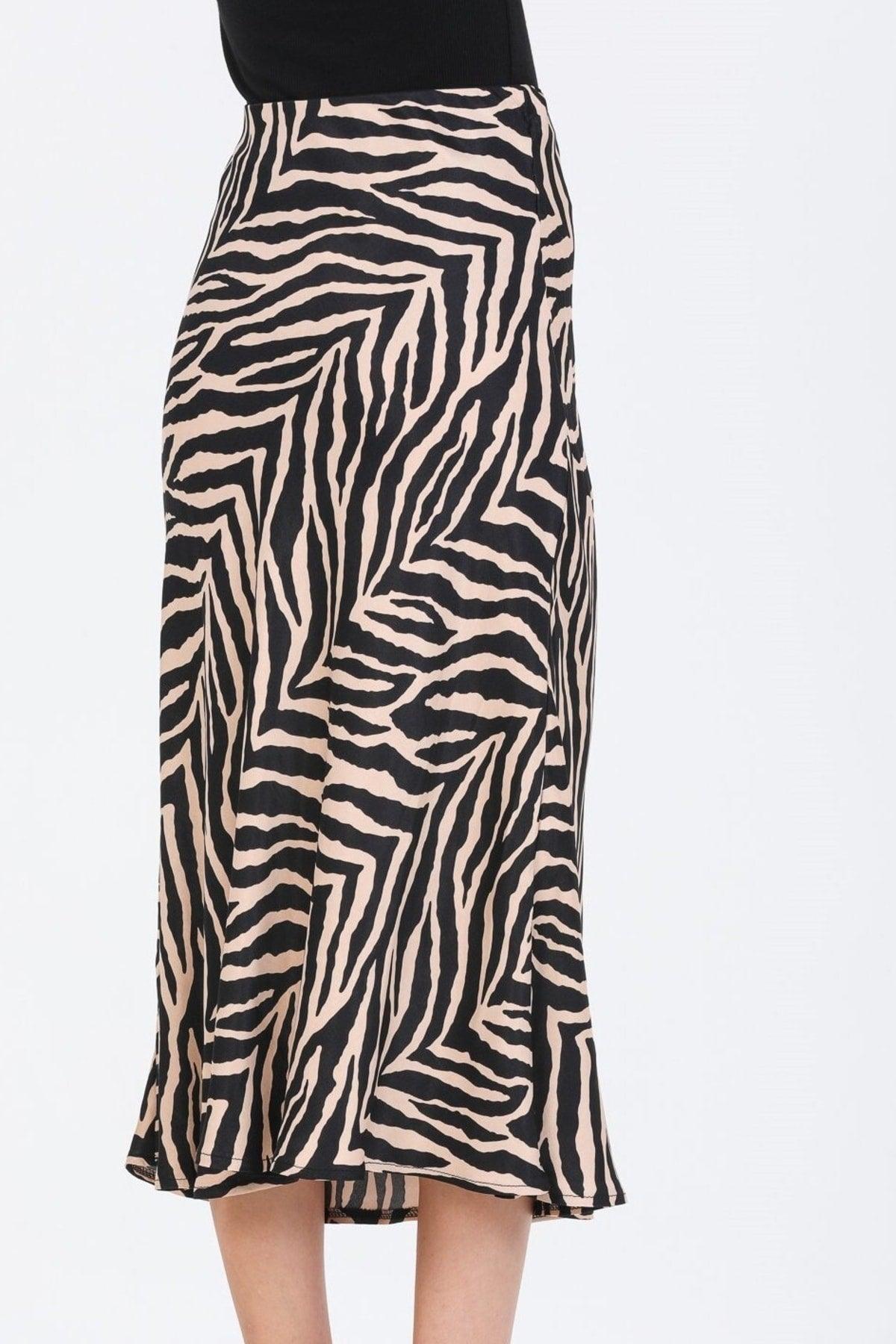 Dense Zebra Pattern Viscose Satin Midi Length Skirt - Black Beige - Swordslife