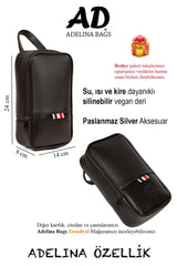 Adelina Men's Black Leather Shave Travel Cosmetic Portfolio Clutch Bag