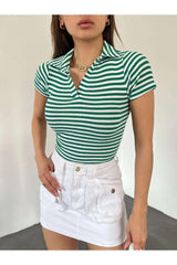 Fitted/fitted Polo Neck Short Sleeve Striped Camisole Crop Top Green White - Swordslife