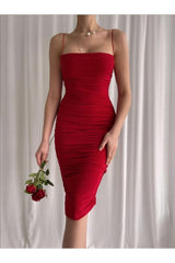 Women's Red Slim Strap Draped Midi Evening Dress Ggcoco - Swordslife