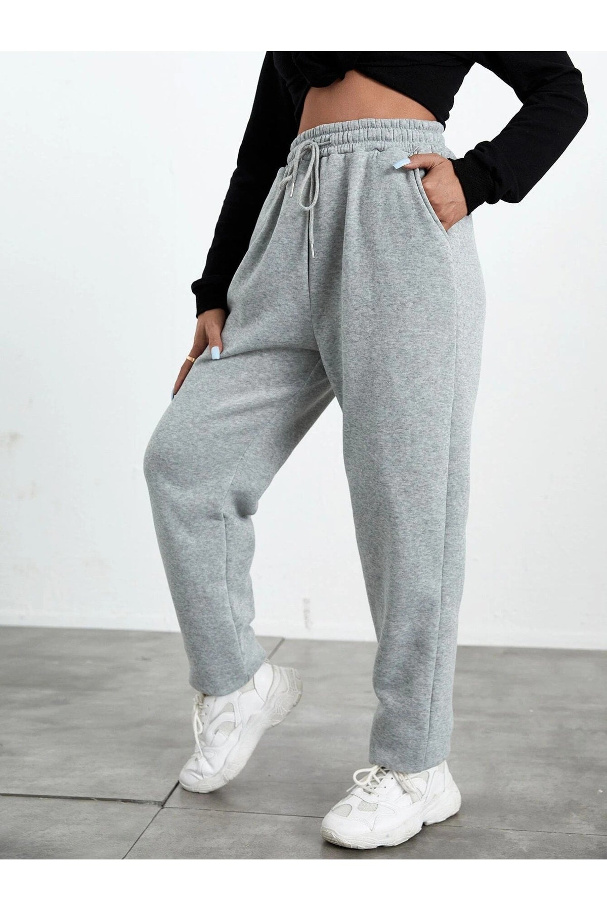 Jogger Sweatpants - Grey, Elastic Leg, High Waist, Summer