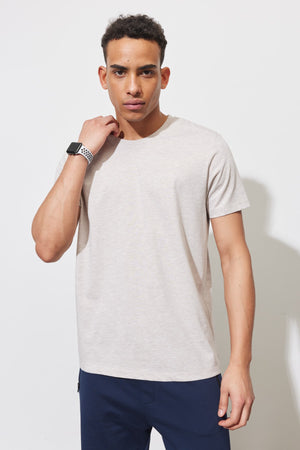 Men'S Beige Melange Cotton Slim Fit Slim Fit Crew Neck Short Sleeved T-Shirt