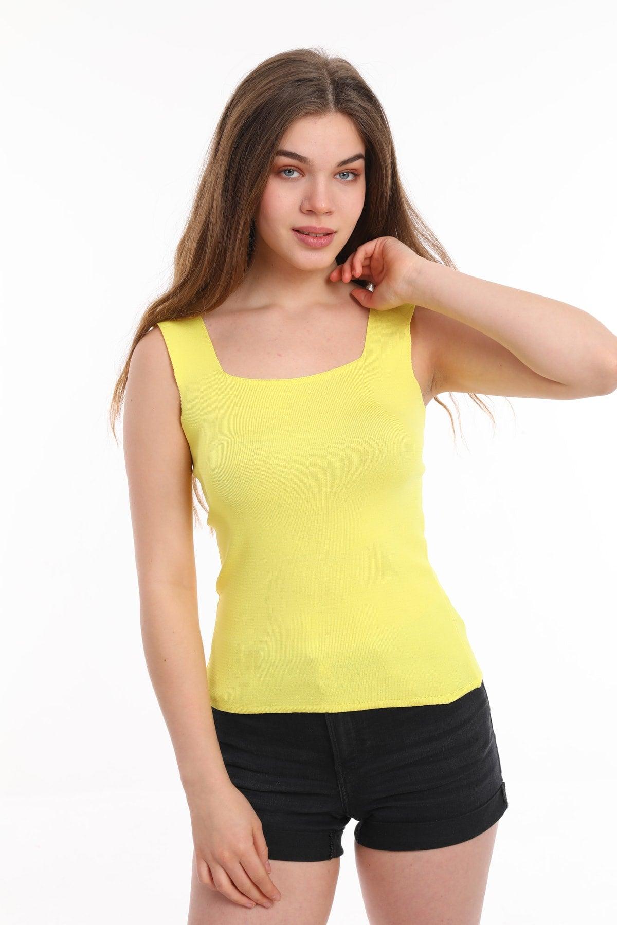 Women's Yellow Tank Top Thick Strap Singlet Slim Summer Square Collar Knitwear - Swordslife