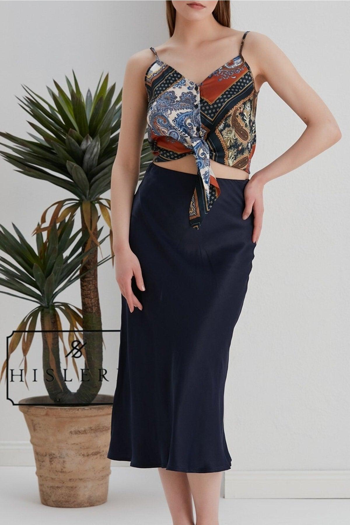 Inverted Viscose Satin Fabric Dark Navy Blue Midi Length Skirt - Swordslife