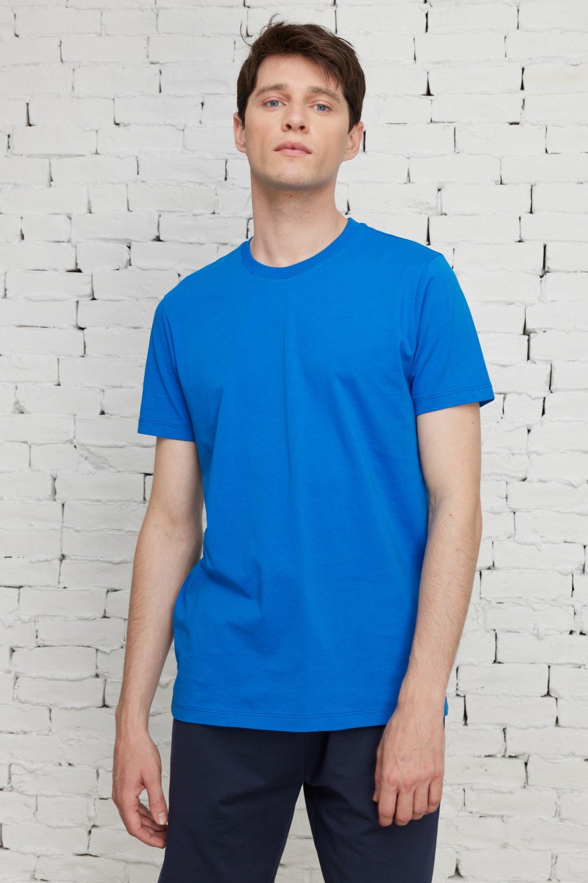 Men'S Sax Blue 100% Cotton Slim Fit Slim Fit Crew Neck Short Sleeved T-Shirt