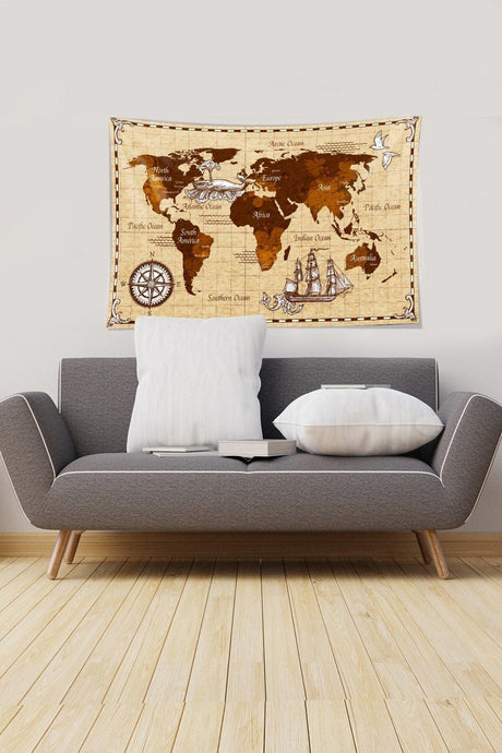 Beige-brown World Map Patterned Stain Resistant Velvet Fabric Wall Covering Wall Carpet Tapestry - Swordslife