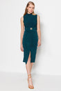 Emerald Green Fitted/Sleeping Sleeveless Draped Detailed Belted Midi Stretch Knit Dress TWOSS22EL0756 - Swordslife