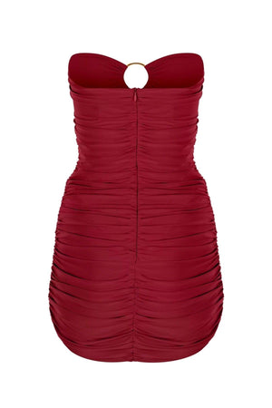 Claret Red Bust Gold Two-Ring Ruffle Strapless Draped Mini Evening Dress - Swordslife