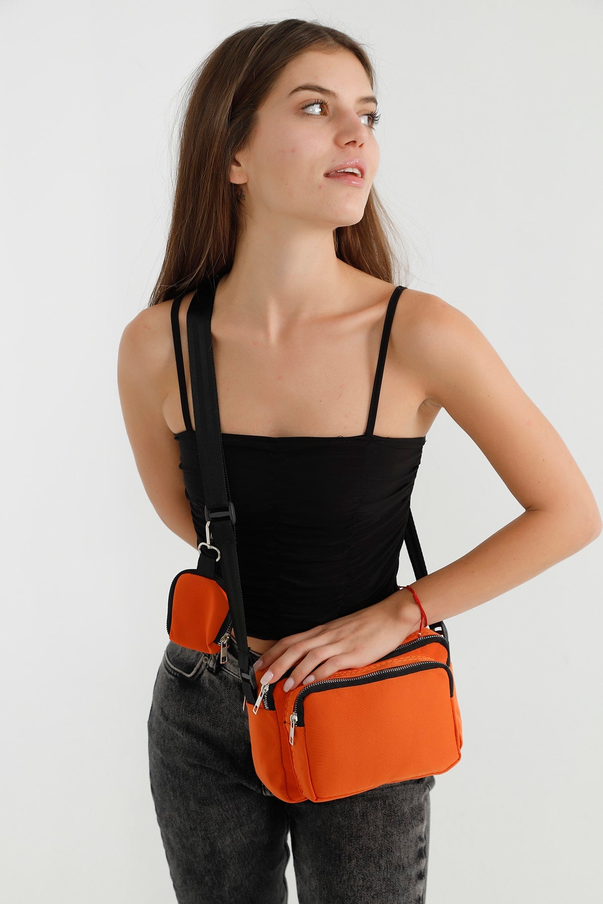 Orange U4 Canvas Women's Cross Shoulder Bag With 2 Compartments And Wallet With Adjustable Strap B:17 E:22 G:1