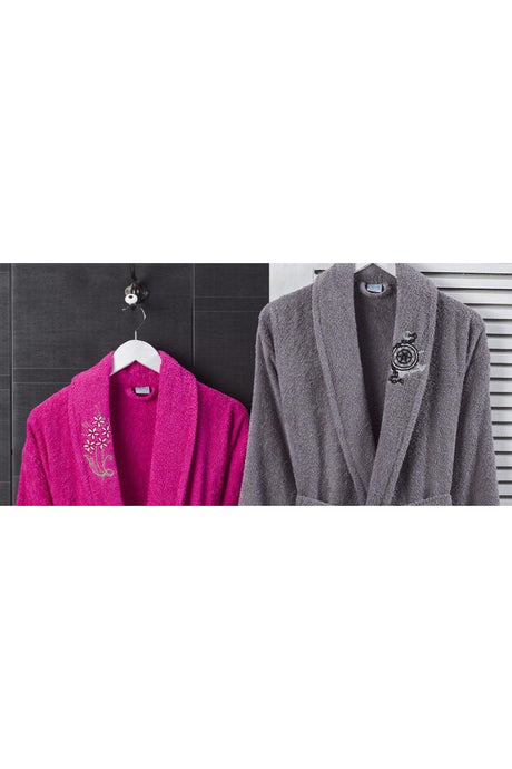100% Cotton Embroidered 4-Piece Family Bathrobe Set | Bathrobe Set | Dowry Set | Fuchsia | Anthracite - Swordslife