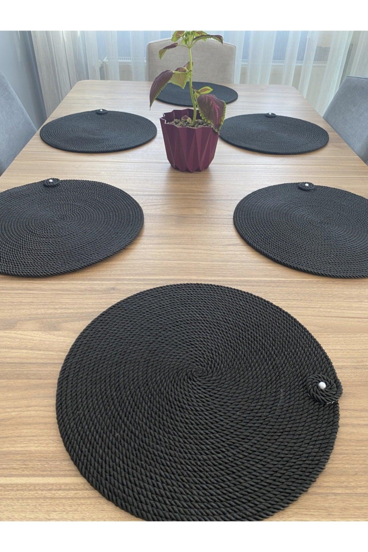 Placemat Runner Supla 6 Pieces Black Wicker Cord Knitted Dowery Set Plate Pot Base Fireproof - Swordslife