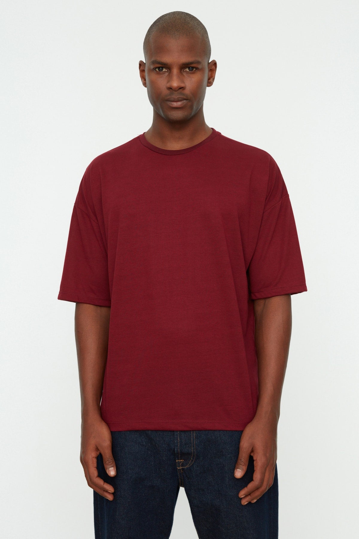 Claret Red Men's Basic Crew Neck Oversize Short Sleeve T-Shirt TMNSS22TS0300
