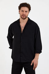  Мужская черная льняная свободная рубашка с одним карманом