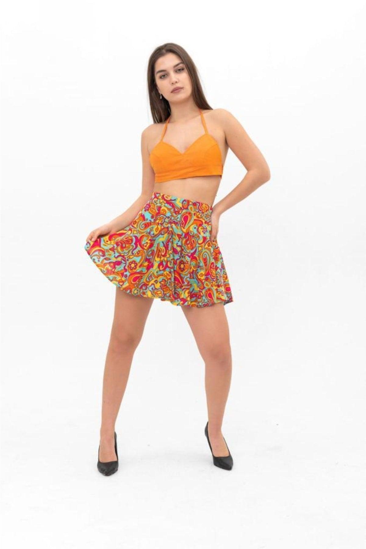 Summer Mini Short Shorts Skirt Soft Woven Viscose Printed High Waist, Elastic Back Waist - Swordslife