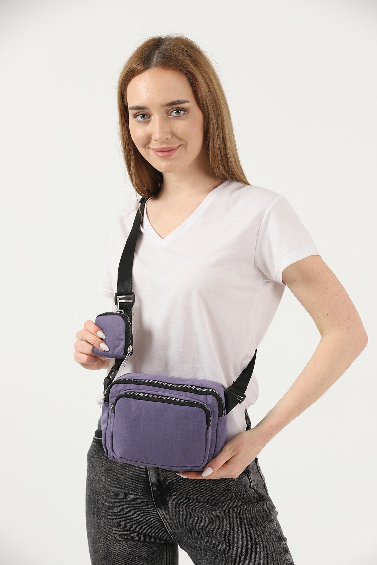 Lilac U4 Canvas Women'S Cross Shoulder Bag With 2 Compartments And Wallet With Adjustable Strap B:17 E:22 G:12