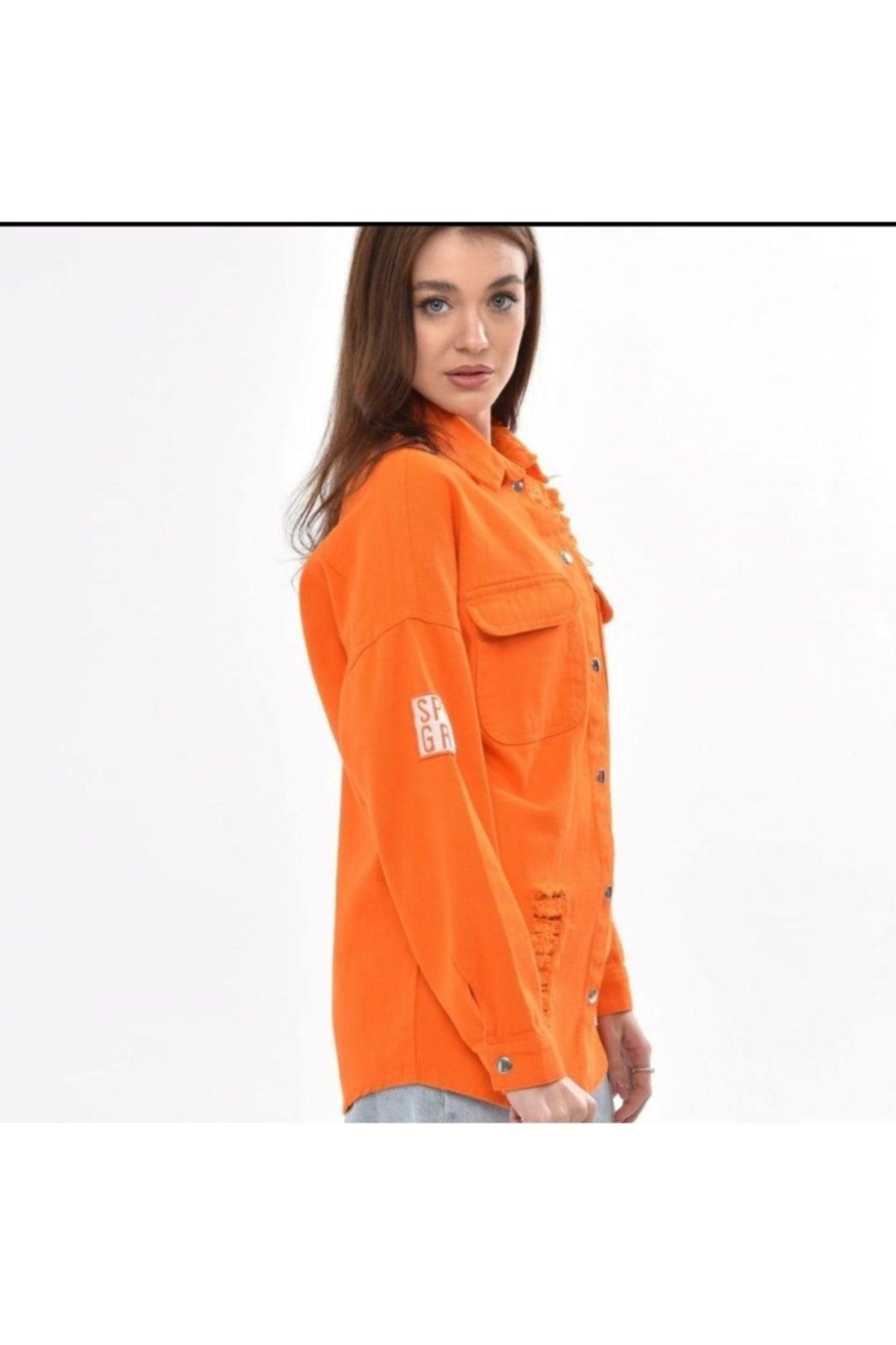 Women's Orange Boyfriend Oversize Worn Denim Jeans Denim Jacket A36-011 - Swordslife